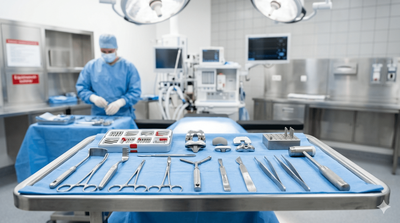 Orthopedic screws plates and surgical instruments laid out on a sterile blue drape in a modern operating room — the tools medical device sales reps deliver for joint replacement and trauma surgery