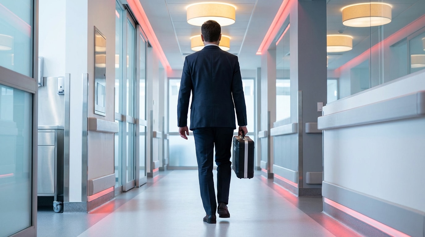 Medical device sales representative carrying instrument case through hospital