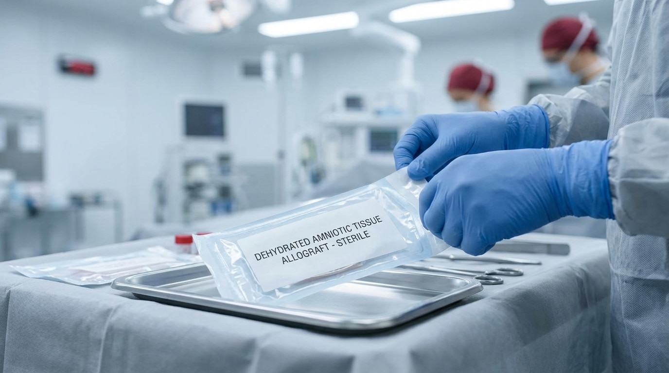 Amniotic tissue allograft package prepared for surgical application