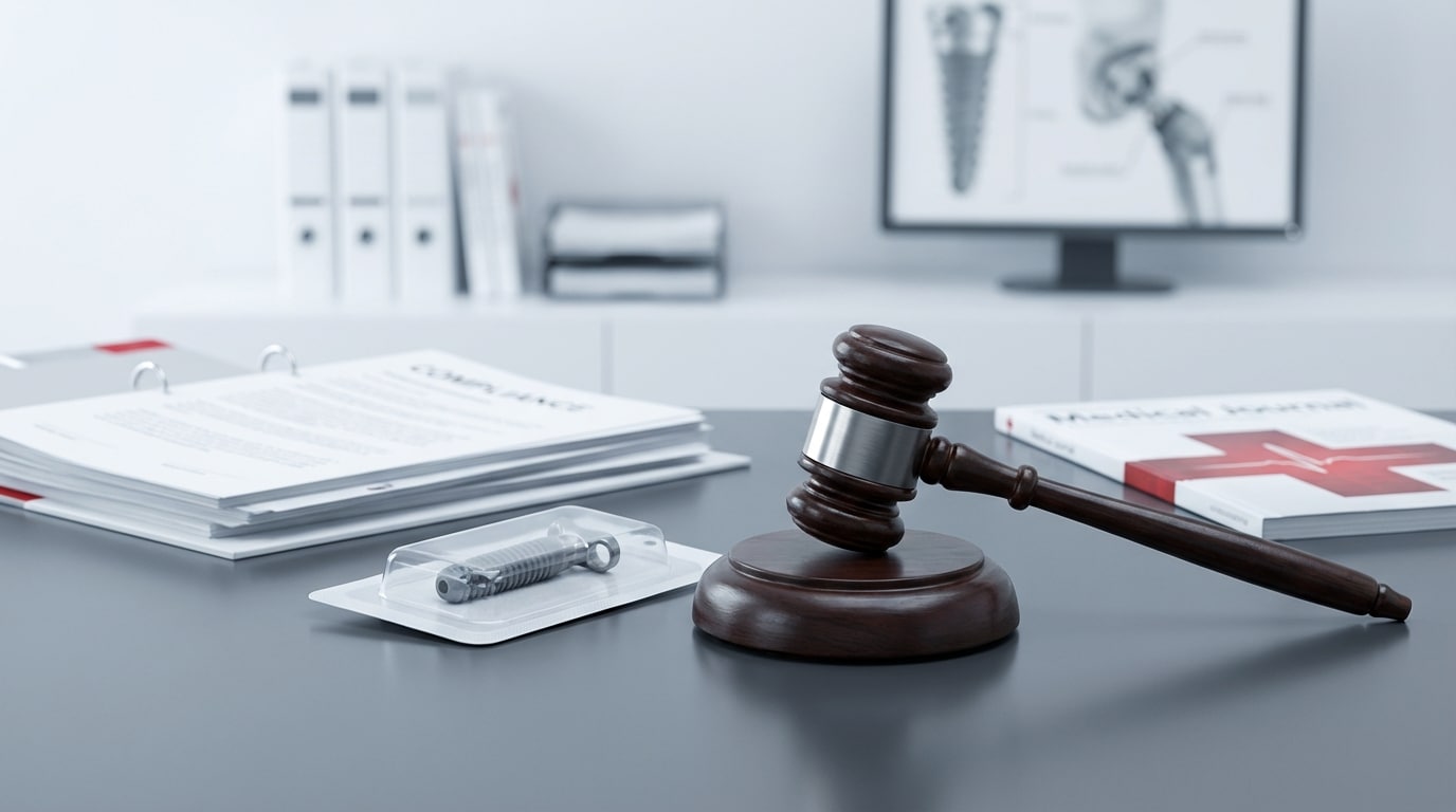 Legal gavel and surgical implant representing compliance in medical devices