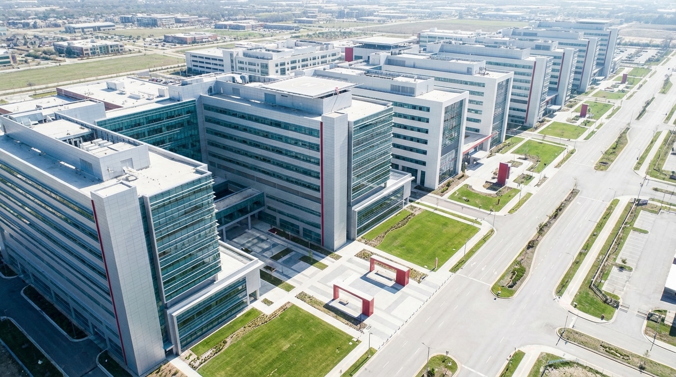 Modern hospital buildings representing top medical device companies