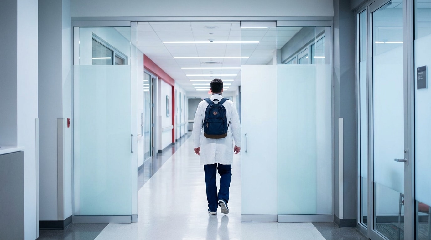 Professional entering hospital corridor for medical device sales career