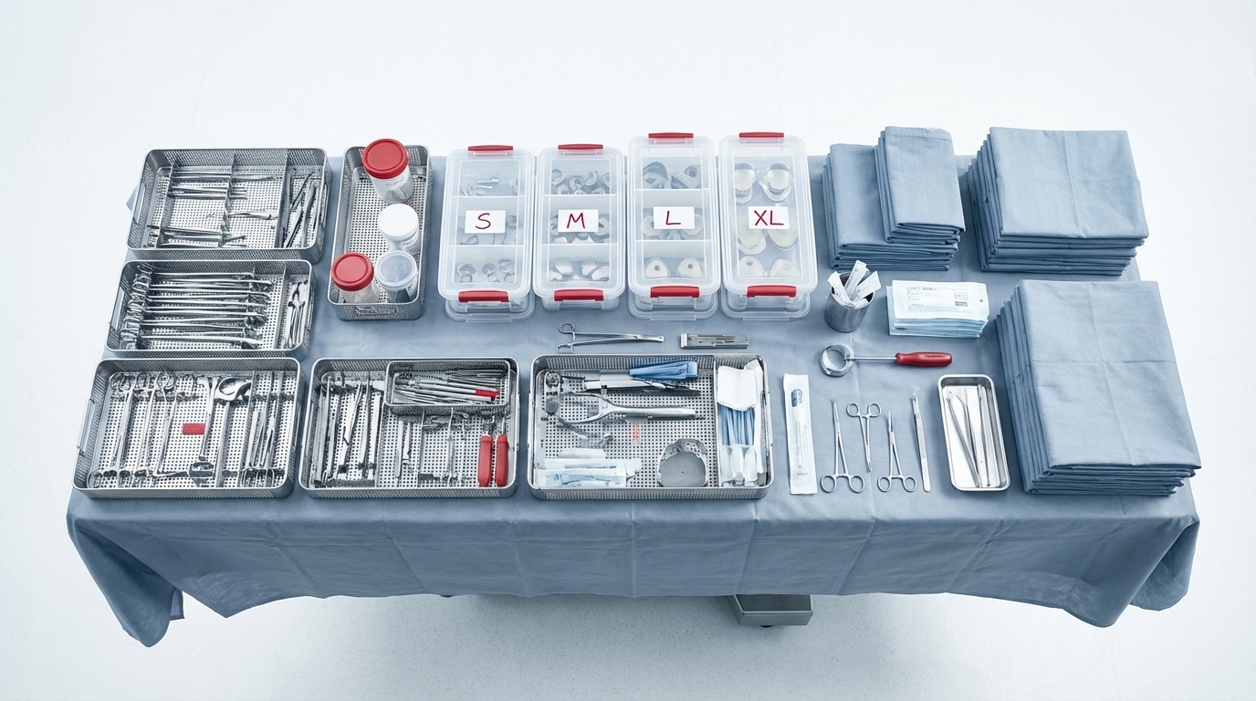 Fully prepared surgical back table with organized instruments for case coverage