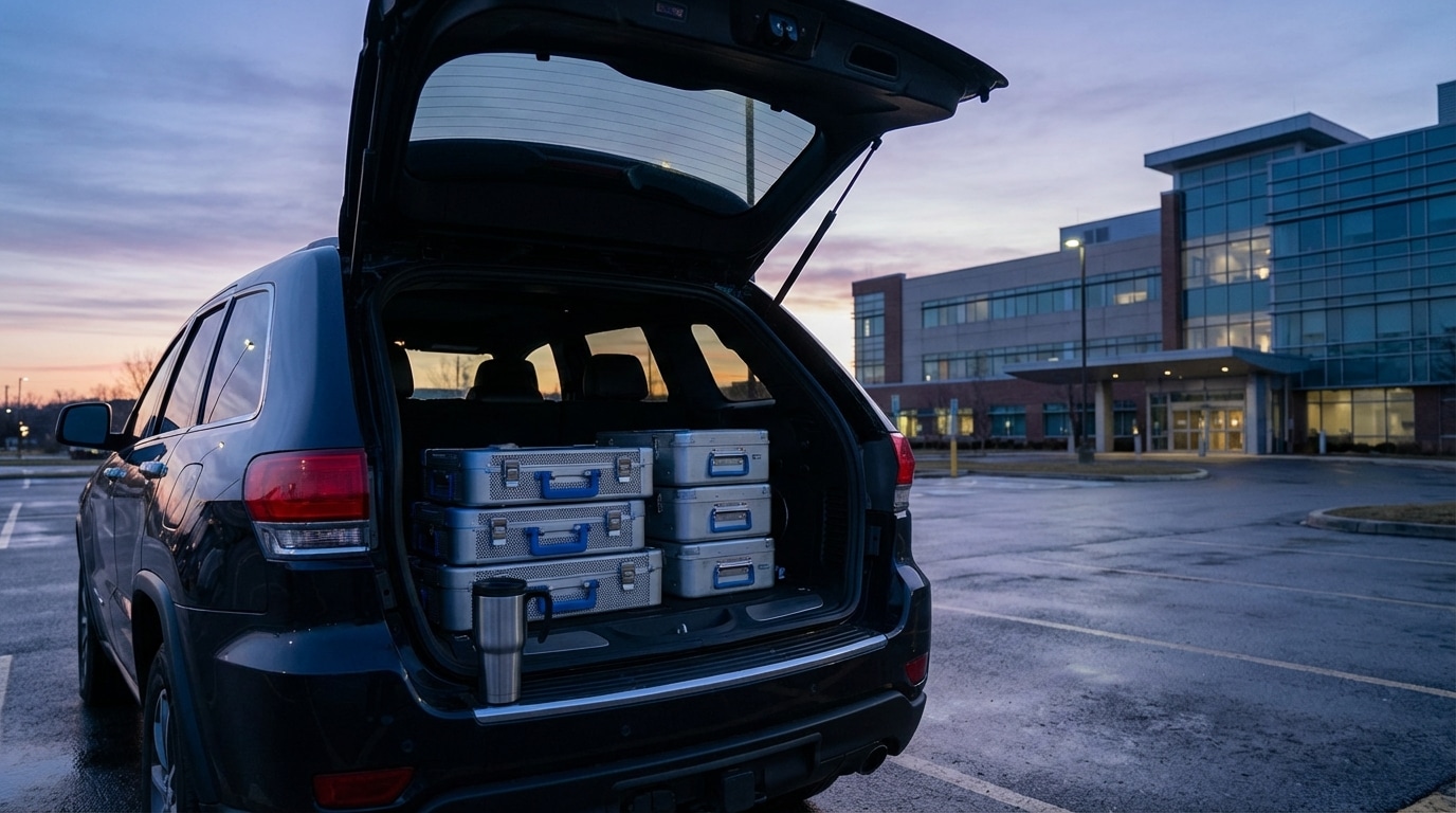 Early morning hospital arrival with surgical instrument cases