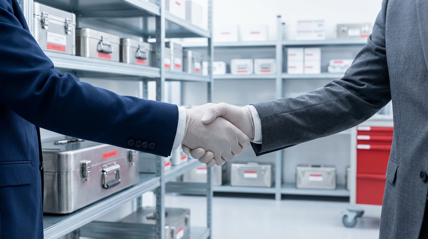 Business handshake in medical supply warehouse for distributor partnership