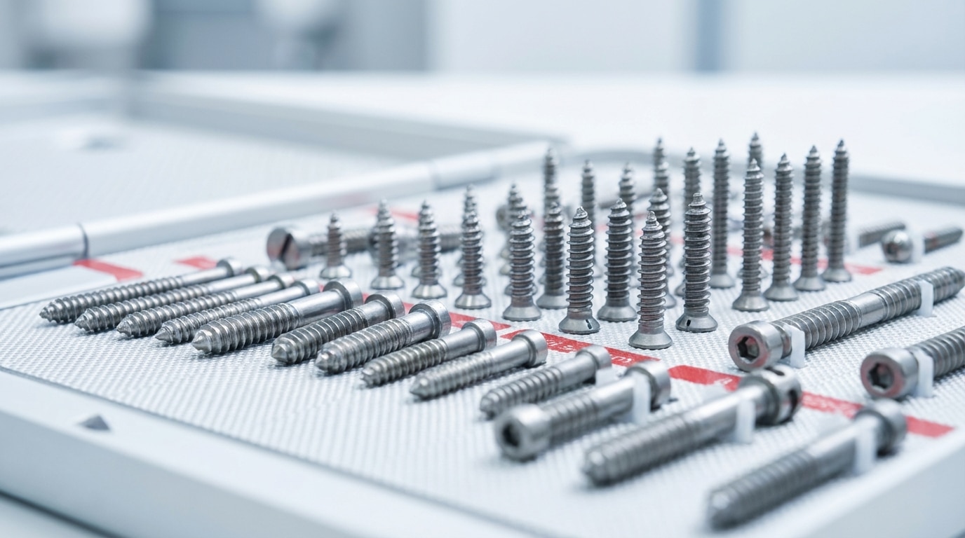 Close-up of orthopedic bone screws cortical cancellous and locking varieties Close-up of orthopedic bone screws cortical cancellous and locking varieties