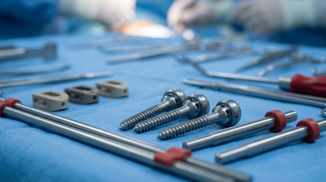 Spine surgery pedicle screws rods and interbody cages on sterile field