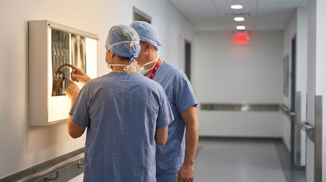 Surgeon and device rep reviewing imaging representing professional relationship