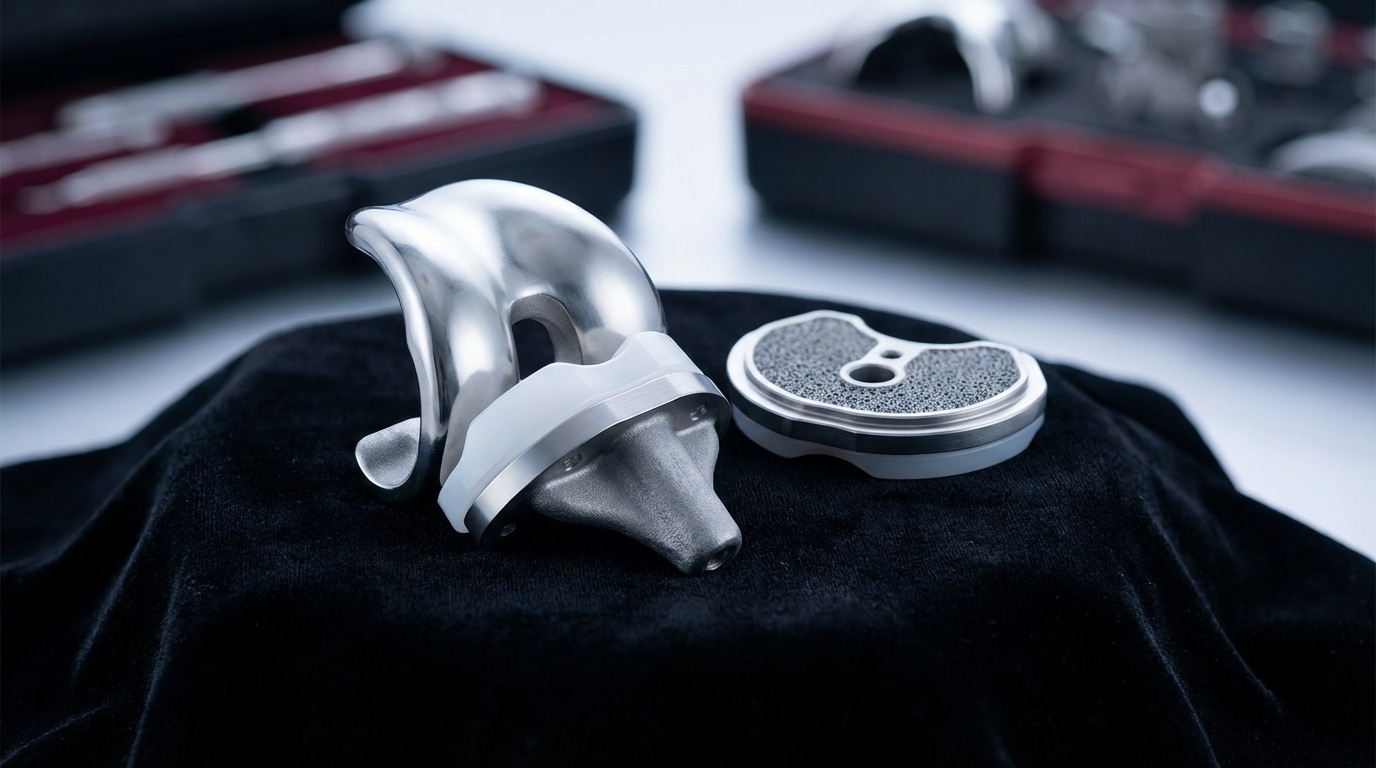 Total knee replacement implant components on display