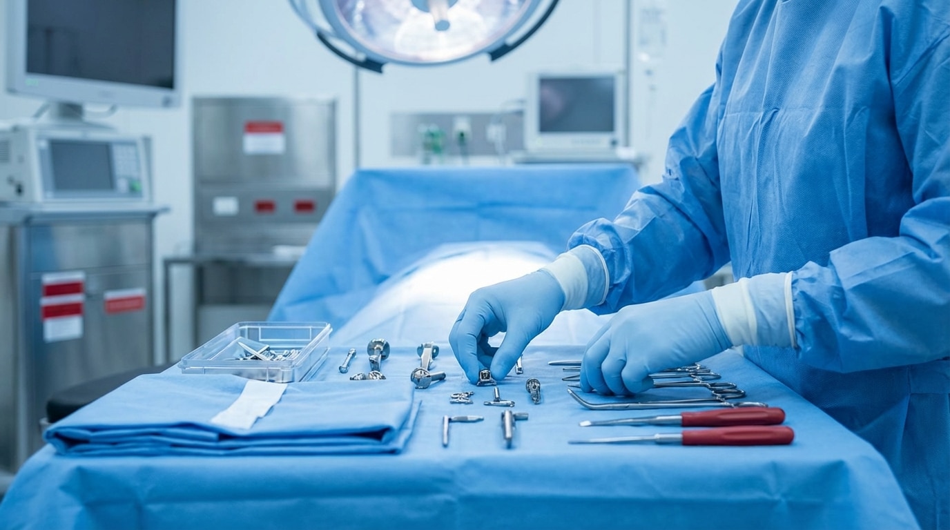 Gloved hands organizing surgical implants on operating room table